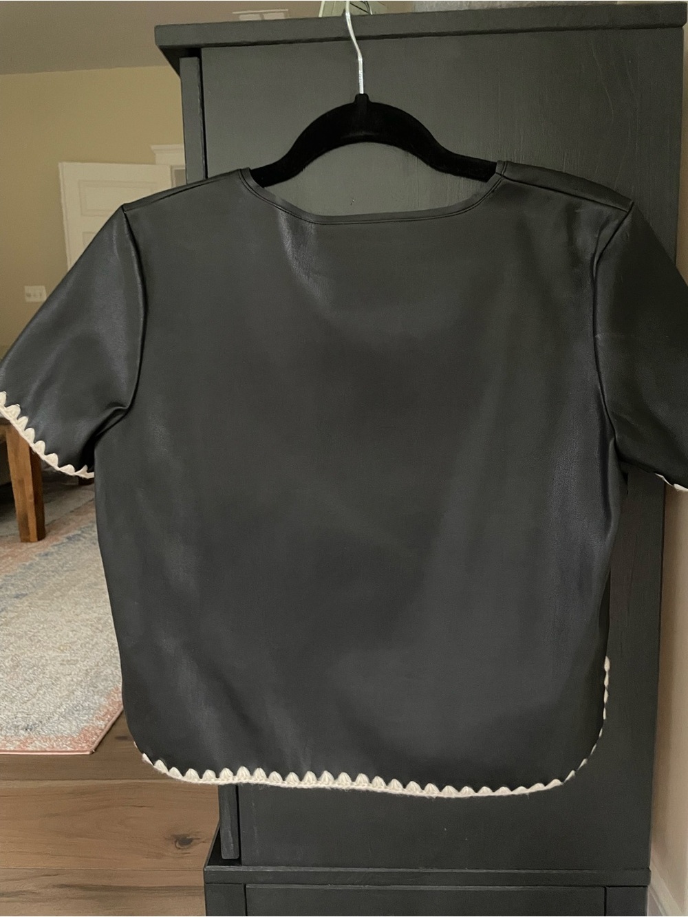 Zara Black Short-Sleeve Faux Leather Top with Cream Knit Trim, small - Picture 4 of 6